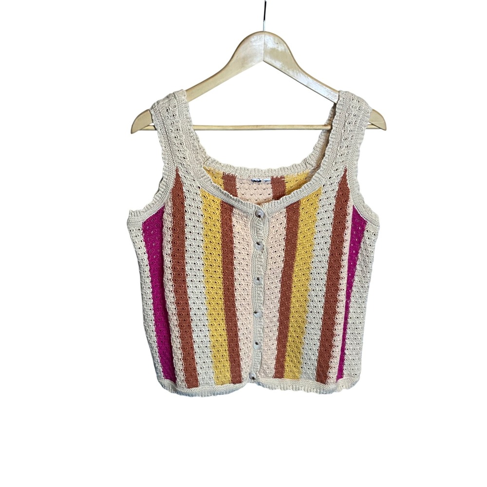 Cropped Striped Knit Tank Top Buttons V Neck Boho Hippy Unlabled Size‎ Large